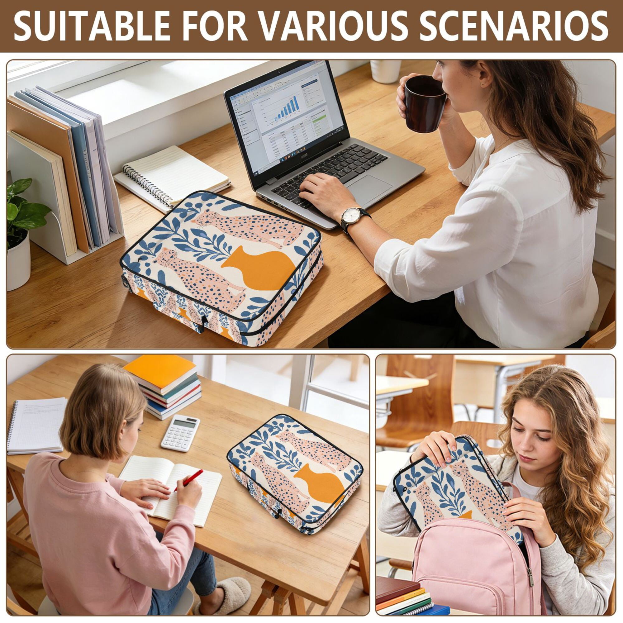 FORMRS Accordion File Folder A4 Size 7-Pocket Expanding Document Organizer Bag with 3 Ring Binder, Leopards Leaves