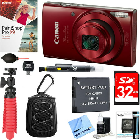 Canon PowerShot ELPH 190 IS Digital Camera with 10x Optical Zoom (Red) + 32GB Deluxe Accessory