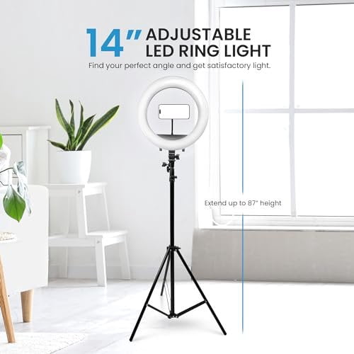 iDance LED Ring Light with Cell Phone Holder, 14", USB Powered with Bluetooth Remote Control and Foldable Adjustable Tripod Stand, Selfie, Makeup Ring Light with Universal iPad Mini Holder