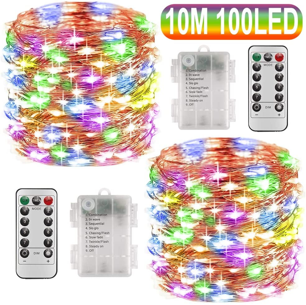 2PCS/PACK 33Ft 100LED Battery Operated Fairy String Xmas Lights w Remote Control 