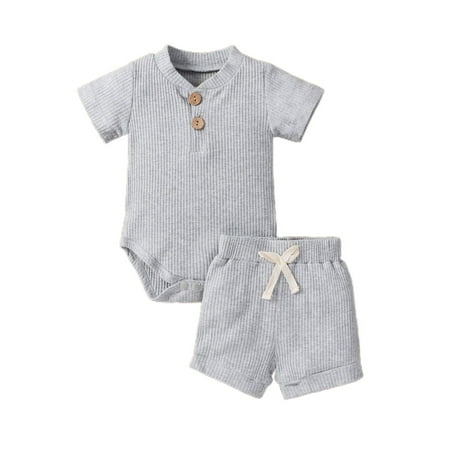 

Infant Newborn Unisex Baby Solid Set Ribbed Short Sleeve Romper Drawstring Shorts Outfits 2 PCs