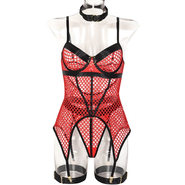 Falda sexy europea y americana de 3 piezas con costura de malla grande y anillo de acero para el cuello y la pierna, ropa interior 3367