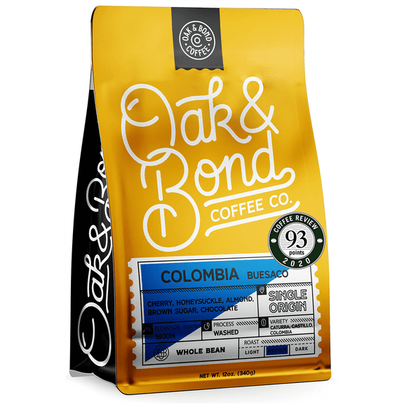 Oak & Bond Coffee Co. Colombia Single Origin Coffee, Medium Roast, 12 oz. Bag, 100% Arabica, Exceptional 93 Point Rated