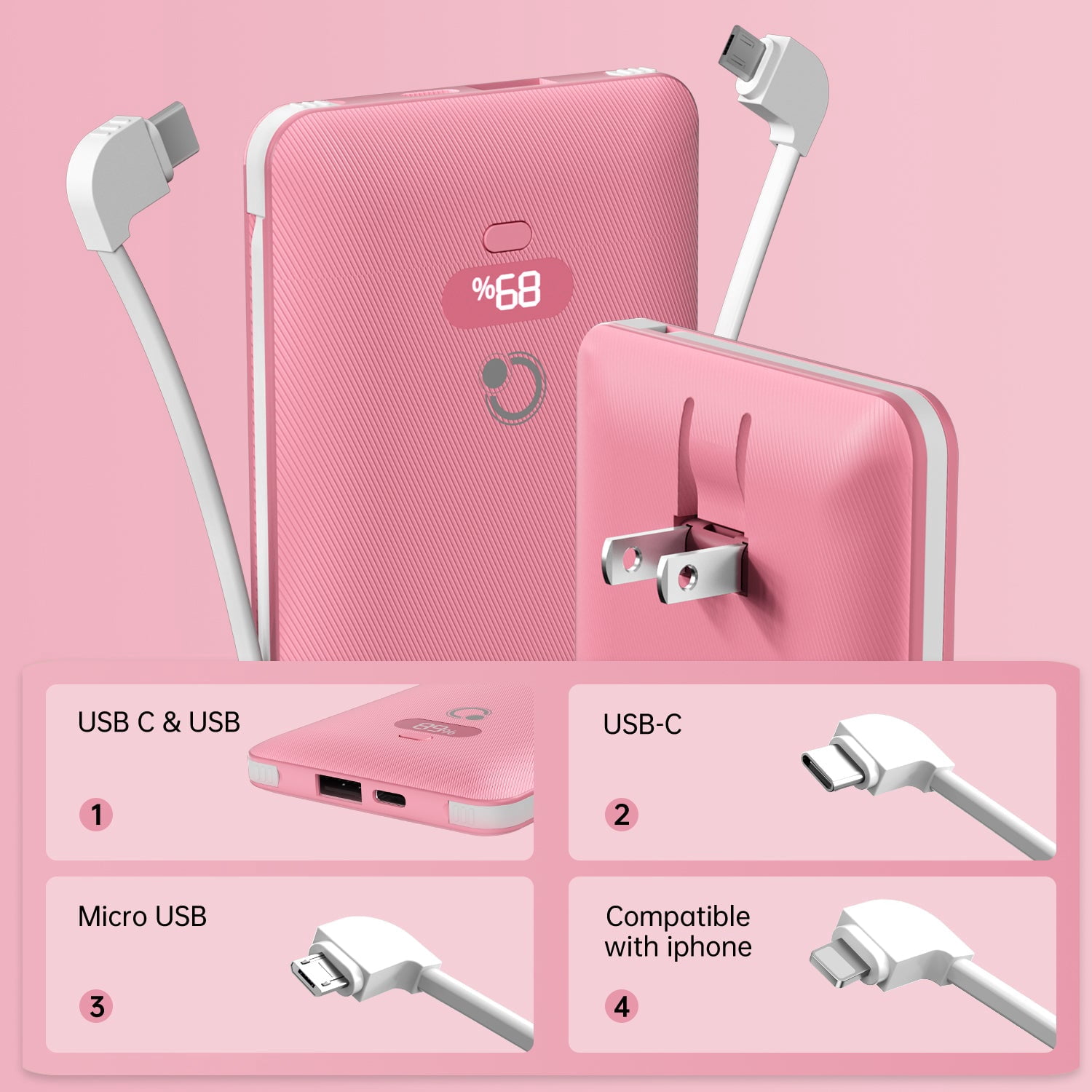 Q 10000mAh PD20W Fast Charging Portable Power Charger External Battery Charger with Cables,USB Battery Pack with Built-in Cables AC Wall Plug Compatible for iPhone and Android Cell Phone
