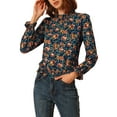 thumbnail image 2 of Allegra K Women's Smocked Waist Ruffled Hem Stand Collar Floral Dotted Blouse, 2 of 6