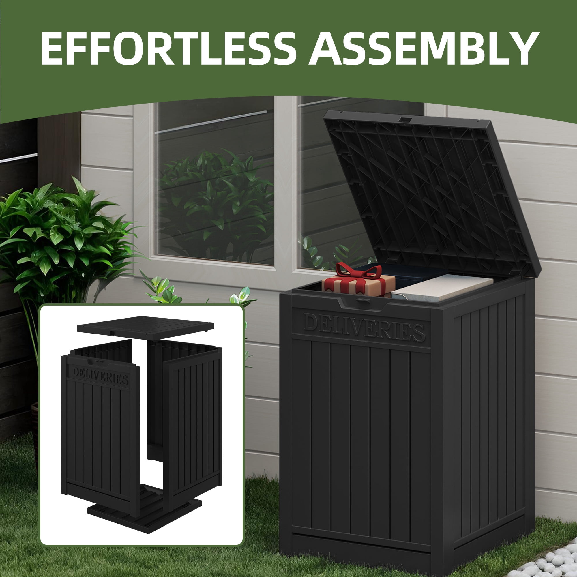Uforic 51 Gallon Large Outdoor Resin Package Delivery Box, Waterproof Lockable Deck Storage Box for Porch & Curbside, Black