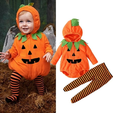 Baby Girl Boy Halloween Pumpkin Costumes Kids Halloween Costumes Boys Hoodie Romper Onesie Cotton Pants Outfit First Halloween Baby Boy Outfit 6-12 Months