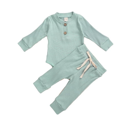 

JYYYBF 0-24months Newborn Baby Boy Girl Clothes Ribbed Long Sleeve Romper and Pants Fall Winter Clothes Sets Blue 12-18 Months