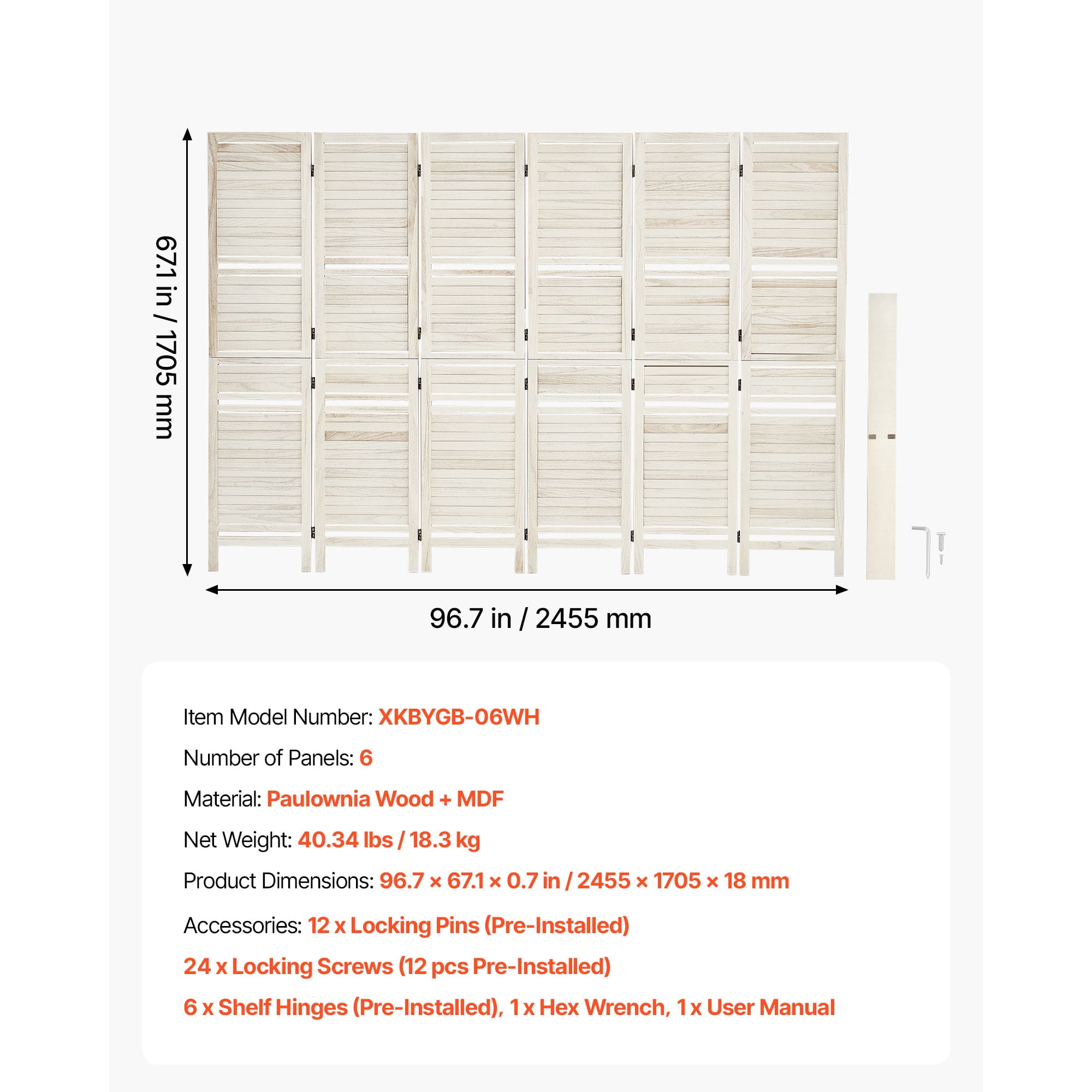 KFFKFF 6-Panel Wooden Room Divider with Shelves, Folding Privacy Screen for Home Decoration and Space Separation, 67.1 Inches Tall, Durable Frame,Two-Way Hinges,Louvered Design with Included Hardware