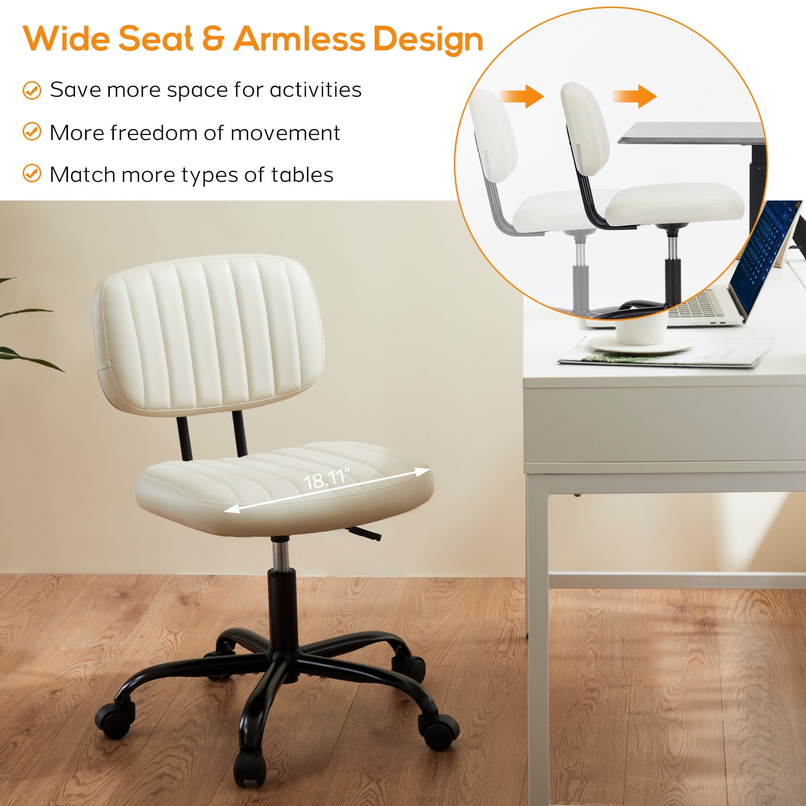 Aidoly Office Desk Chair, Armless Computer Chair with Lumbar Support, PU Leather Low Back Adjustable Height 360° Rolling, Beige