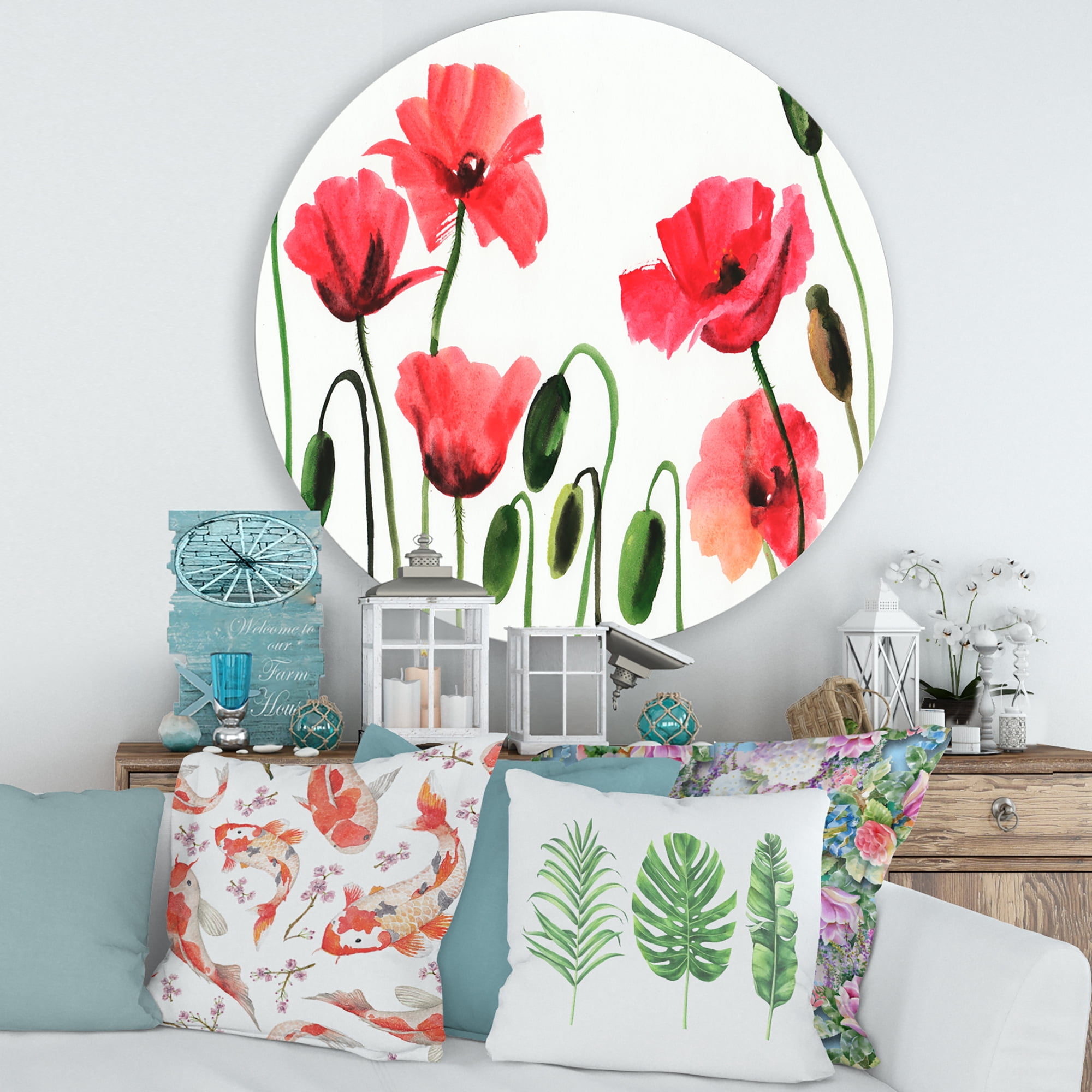 Designart 'Ancient Red Blooming Poppies' Traditional Circle Metal Wall Art 36x36 - Disc of 36