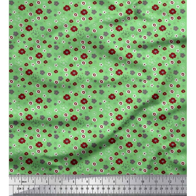 Soimoi Green Poly Georgette Fabric Flower Artistic Print Fabric by the Yard 42 Inch Wide