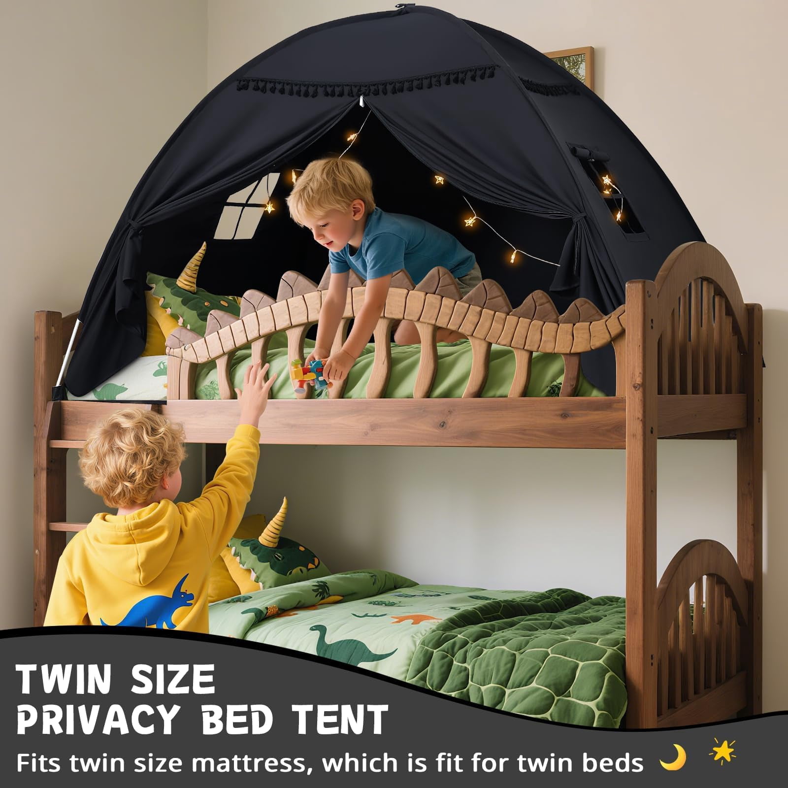 Bed Tent Canopy: Lights & Flags Indoor Play -bed Teepee Tents - Girls&boys Playhouse Space Sleeping Gifts (twin Black)