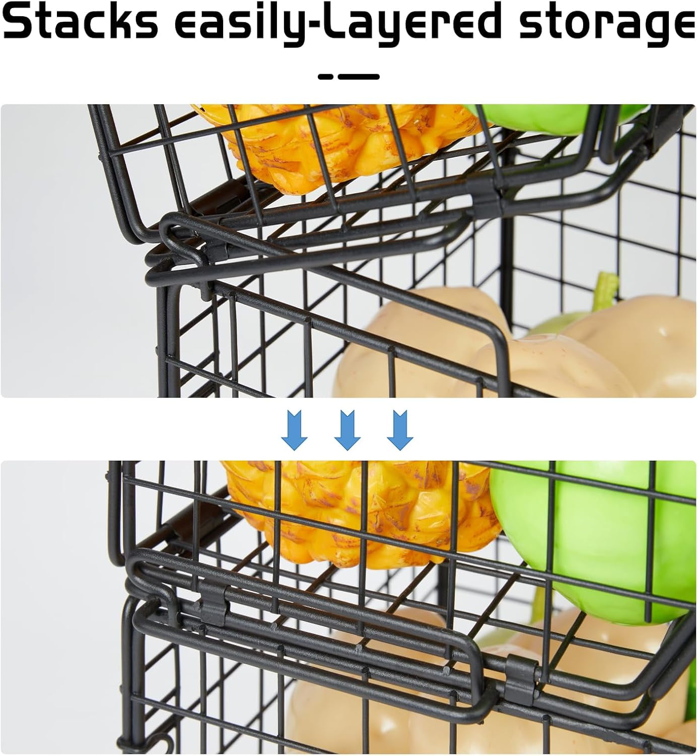 XCOSRACK 2-Tier Stackable Fruit Basket for Kitchen Counter, Metal Wire Produce & Snack Storage Bin, Freestanding Potato and Onion Pantry Organizer, Black