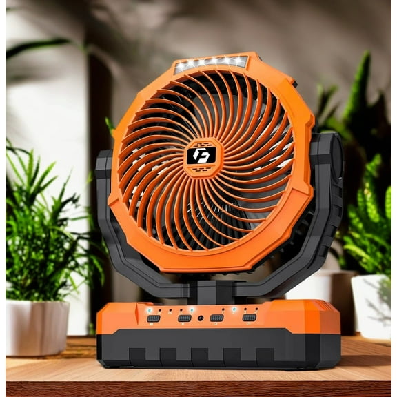 Portable Camping Tent Fan 24000mAh Rechargeable Battery Operated Desk Fan with LED Lantern and Remote Orange