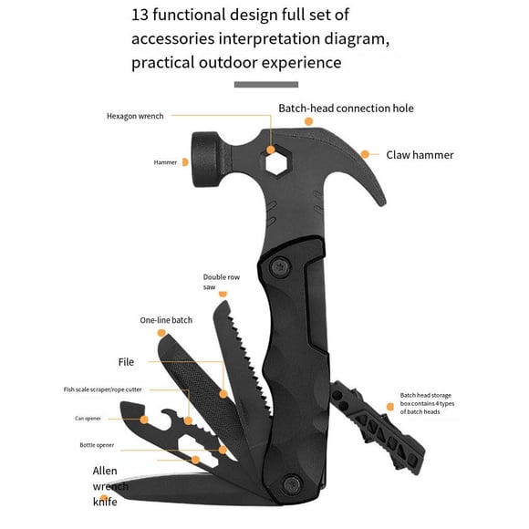 Langgg Multifunctional Pliers 13 In 1 with Sheath for Outdoor Claw Hammer Stainless Steel Multitool with Sheath Outdoor Camping Emergency Supplies Black