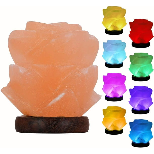 Himalayan Salt Lamp with 7 Colors Changing USB Flower Shaped Night Light Salt Crystal Lamps for Home D cor Holiday Gifts LED Bulb Real Wood Base