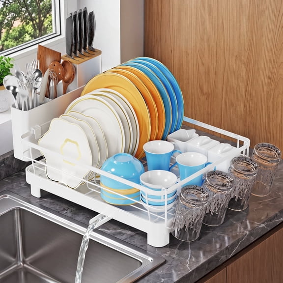 Large Dish Drying Rack, Stainless Steel Dish Rack for Kitchen Counter, with Drainboard Set & Cutlery Holder & Cup Holder