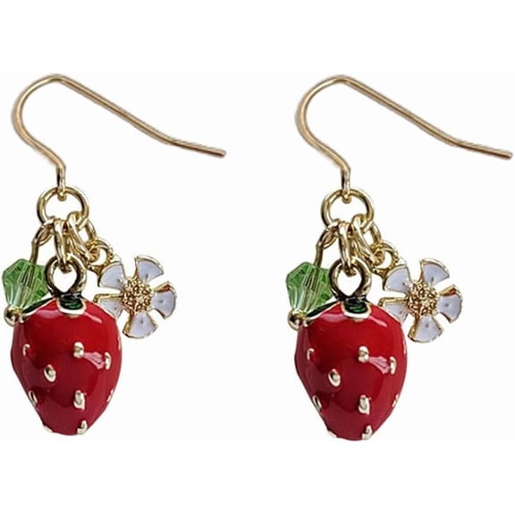 Lovely Red Strawberry Drop Dangle Earrings for Women Gold-Toned Green Crystal Enamel Fruit Flower Tassel Fish Hook Studs Earring Lightweight Chic Chirstmas Wedding Party Jewelry