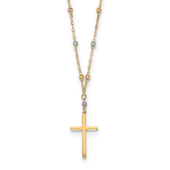 Auriga Fine Jewelry 14K Tri-Color Gold Beaded Cross Necklace 17inch for Women