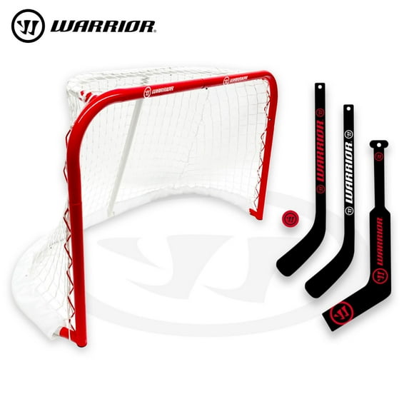 Warrior 31" Mini Pro-Style Hockey Goal Combo Set - Metal 31" Net, 2 Mini Player Sticks, 1 Mini Goalie Stick and 1 Mini Hockey Ball