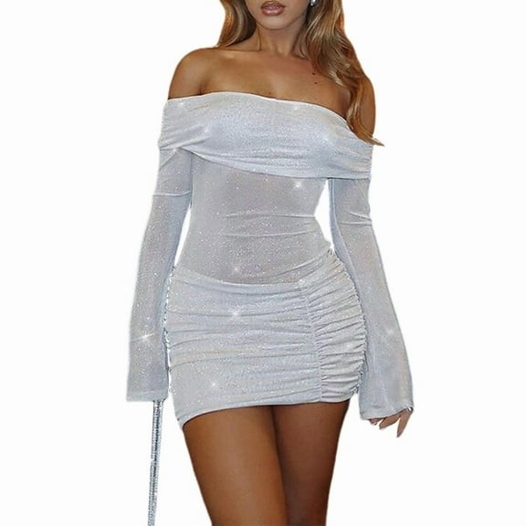 Women'S Off-the-Shoulder Bodycon Mesh Sheer Ruffled Shiny Flared Long Sleeves Y2K Club Night Out Dress Milky L