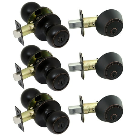 Deadbolt And Door Knob Sets 3 Pack of Pro-Grade Round Ball Entry Door Knob and Deadbolt Combo Sets, Oil Rubbed Bronze ()