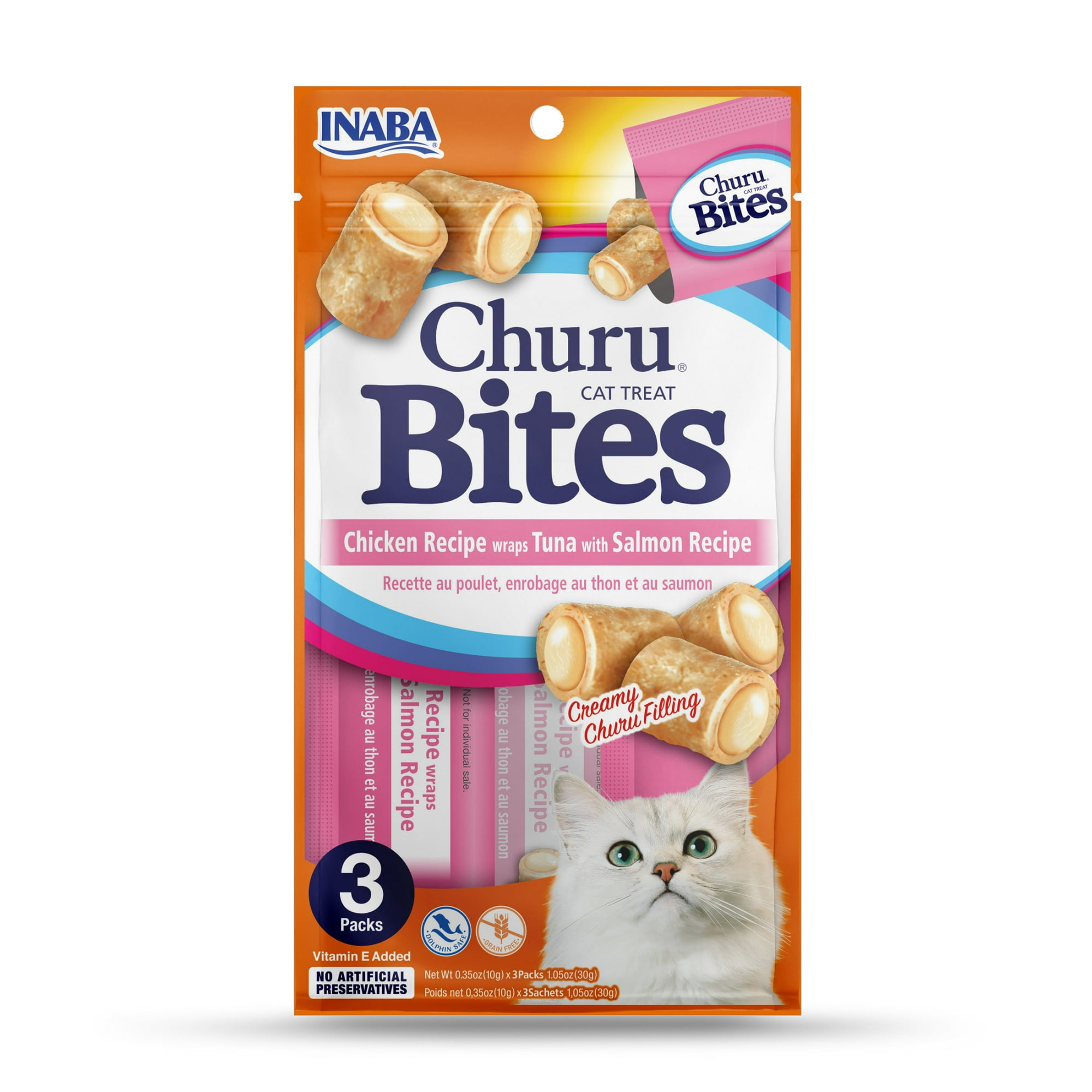 INABA Churu Bites for Cats, Grain-Free, Soft/Chewy Baked Chicken Wrapped Cat Treats with Savory Churu Centers, 0.35 Ounces Each Tube, 3 Tubes, Tuna with Salmon Recipe