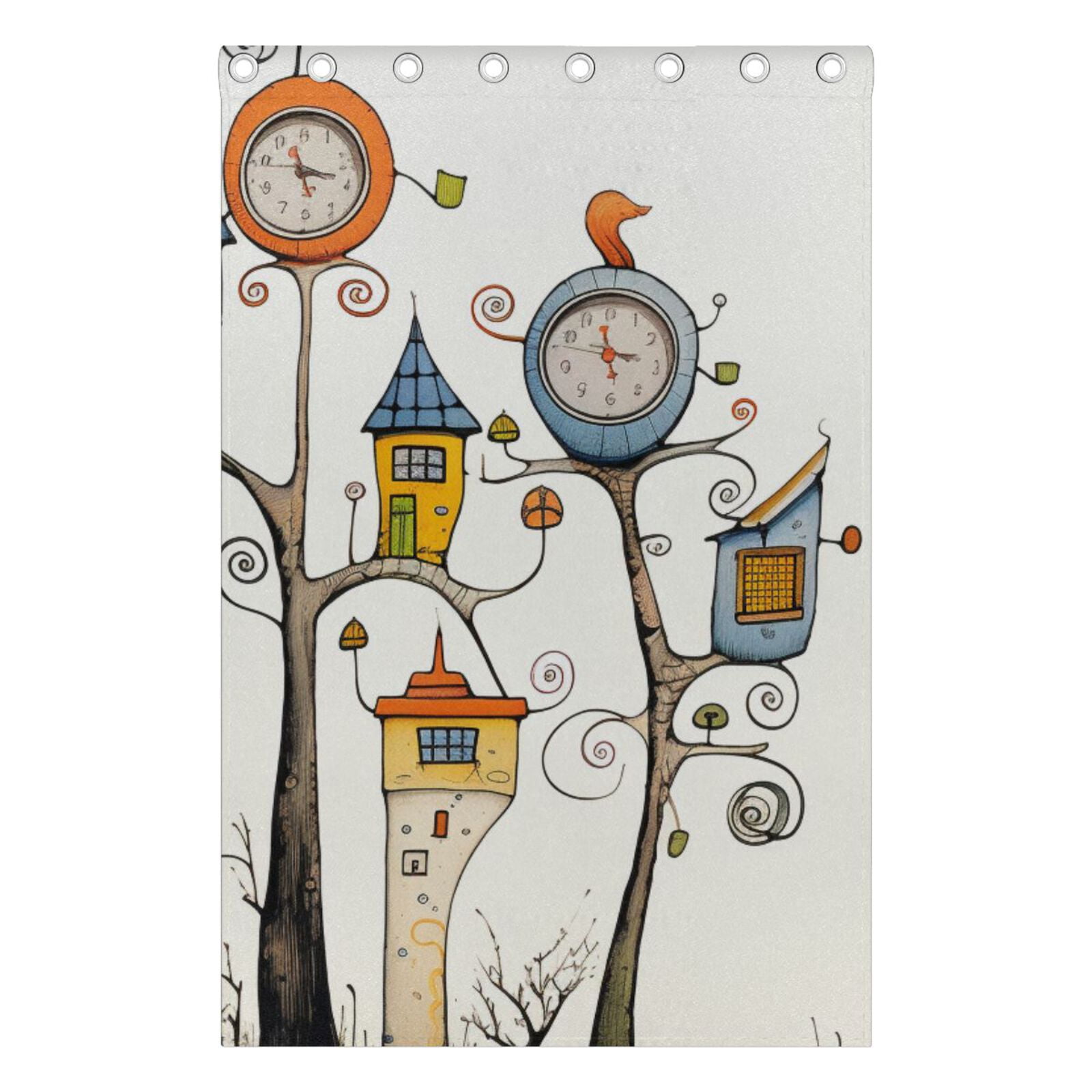 Trees Houses Clocks Black Out Curtains 84 Inch Length Curtains for Sliding Glass Doors Bedroom Living Room 2 Pack