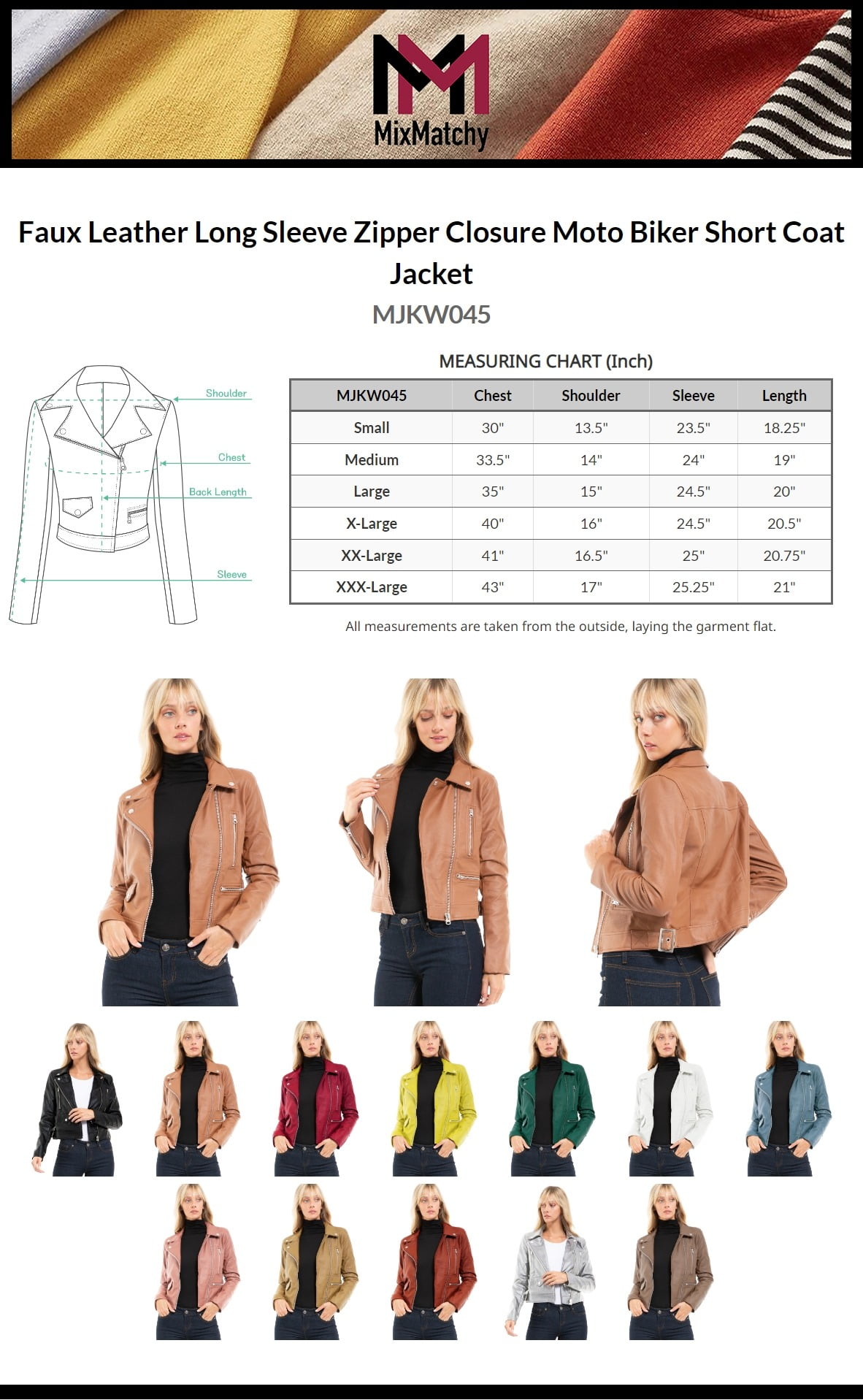 MixMatchy Women's Faux Leather Long Sleeve Zipper Closure Moto Biker Short Coat Jacket