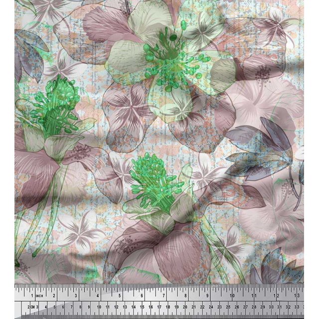 Soimoi polyester Crepe Fabric Leaves & Lily Flower Printed Craft Fabric by the Yard 42 Inch Wide