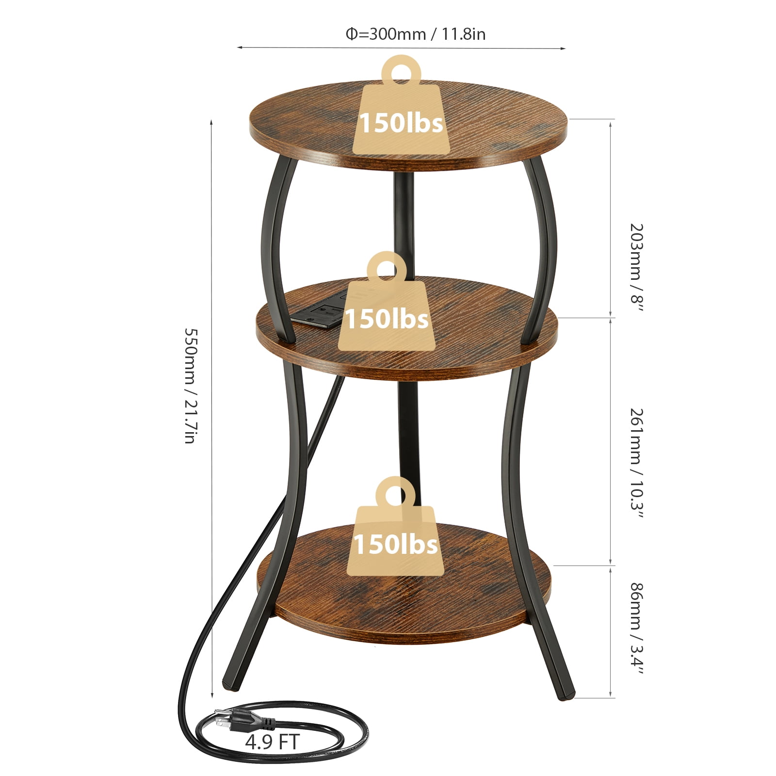 ZEXVIDA Small Round Side Table with Charging Station, 3-Tier Waist Circular End Table with Storage Shelf,  Sofa Side Table Small Spaces, Round Corner Coffee Table for Living Room Bedroon,Brown