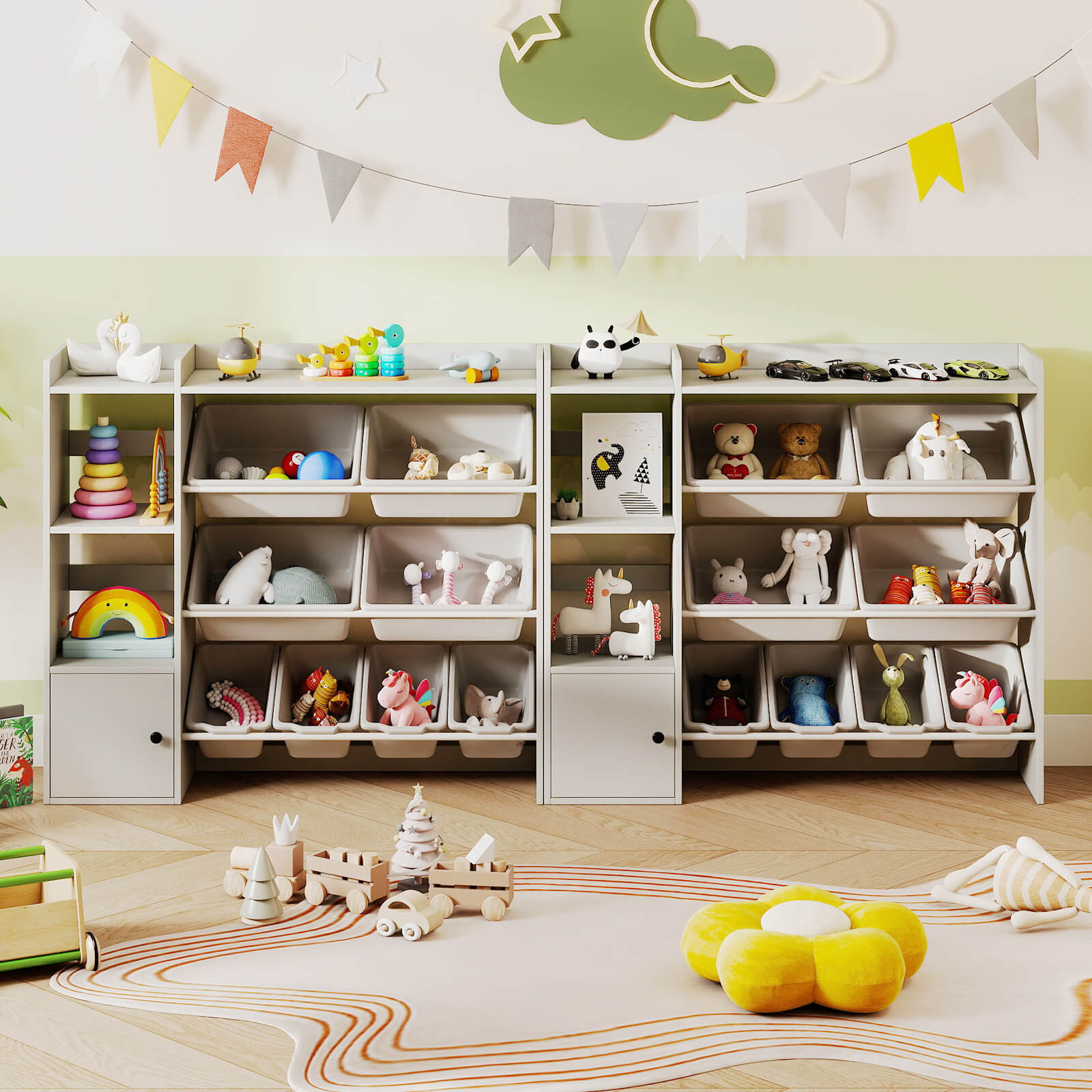 Costway Kids Toy Storage and Bookshelf, Wooden Bookcase with 4 Small Boxes & 4 Large Boxes Gray