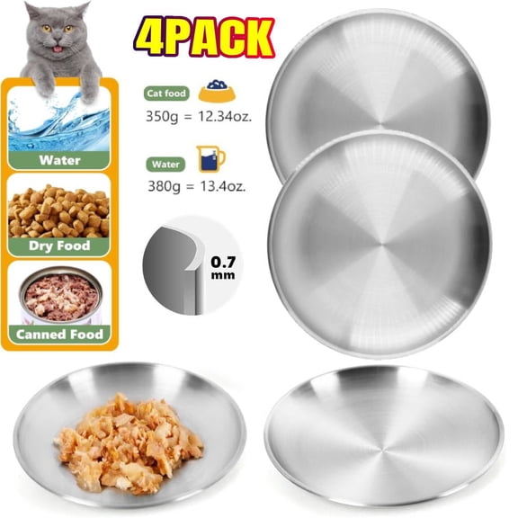4-PCS Stainless Steel Cat Food Bowls, Shallow Whisker-Friendly Non-Slip Silicone Base Metal Dishes, Easy to Clean Indoor Feeding Flat Plates for Cat, Small Dog, Kitten (6.7")