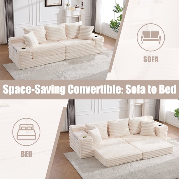 Oversized Boneless 4 Seats Sofa Couch with Cup Holder and Side Pockets, Upholstered Corduroy Sofa Couch Bed Cloud Couch with 3 Pillows and 2 Lumbar Pillows for Living Room, Apartmen, Beige