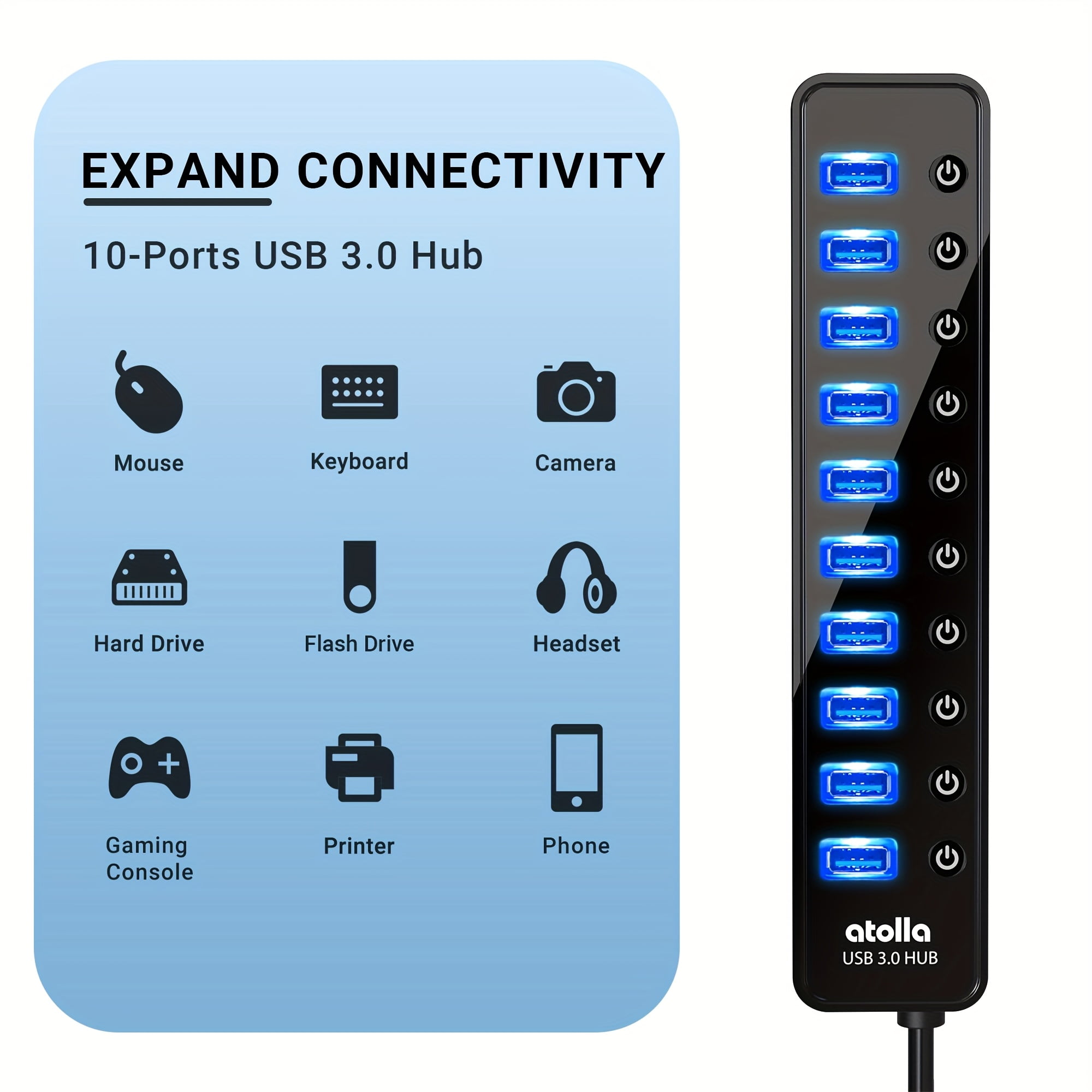 USB 3.0 Hub, 10-Port USB Data Hub Splitter With Separate On/Off Switch And Power Adapter USB Extender For Mouse, Keyboard, Hard Drive Or More USB Devices