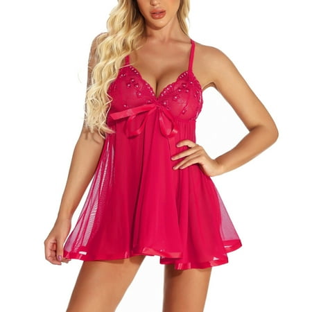 

Intimates Sexy Plus Size Lingerie Lace Bow Nightwear Sleepwear Pajamas Nightwear S-6XL Polyester Dress for Women Casual Hot Pink