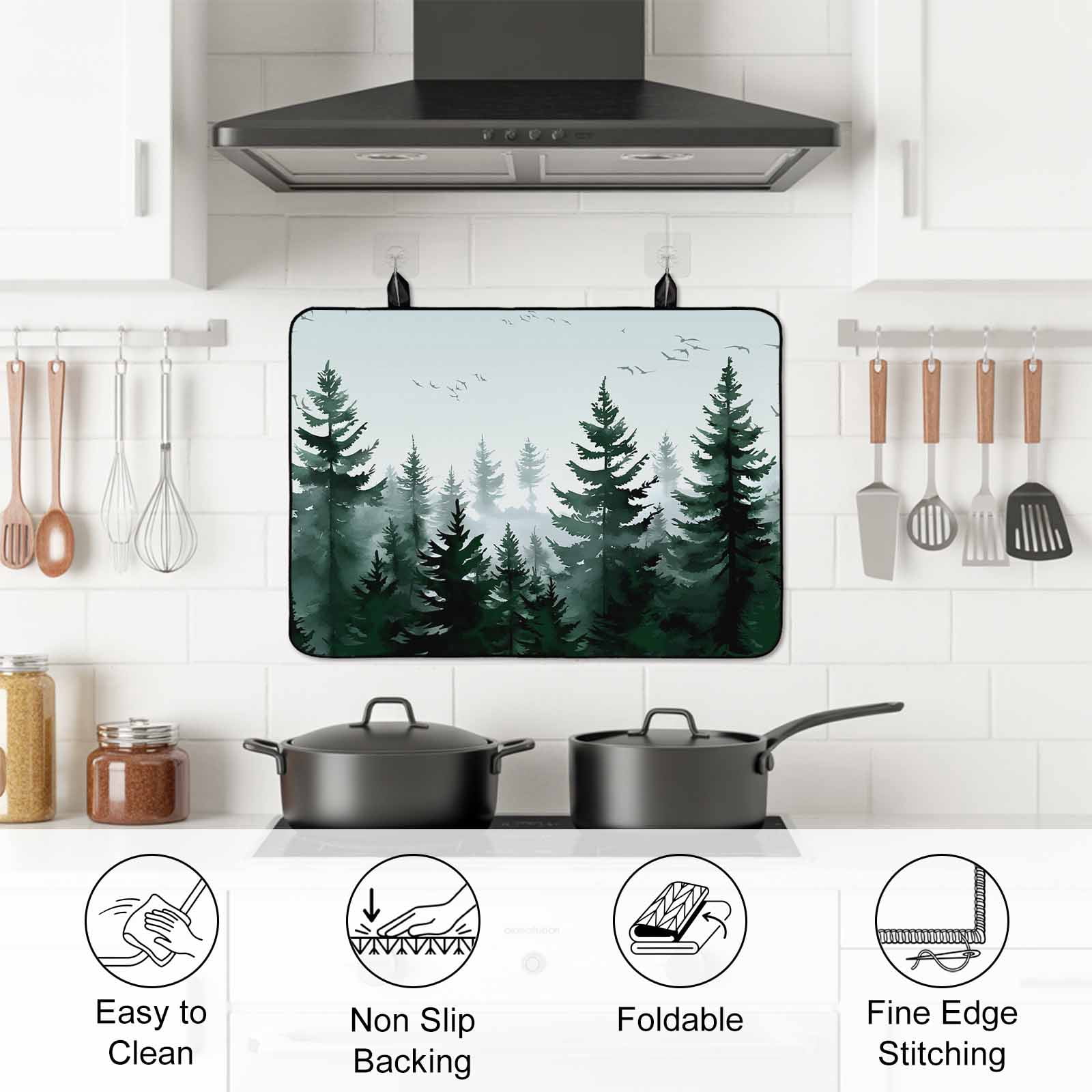 Green Mist Forest Stove Top Cover for Electric Stove, Heat-proof & Non Slip Glass Top Stove Cover Protector, Farmhouse Trees Nature Landscape Kitchen Flat Cooktop Rubber Mat 24x21 Inches