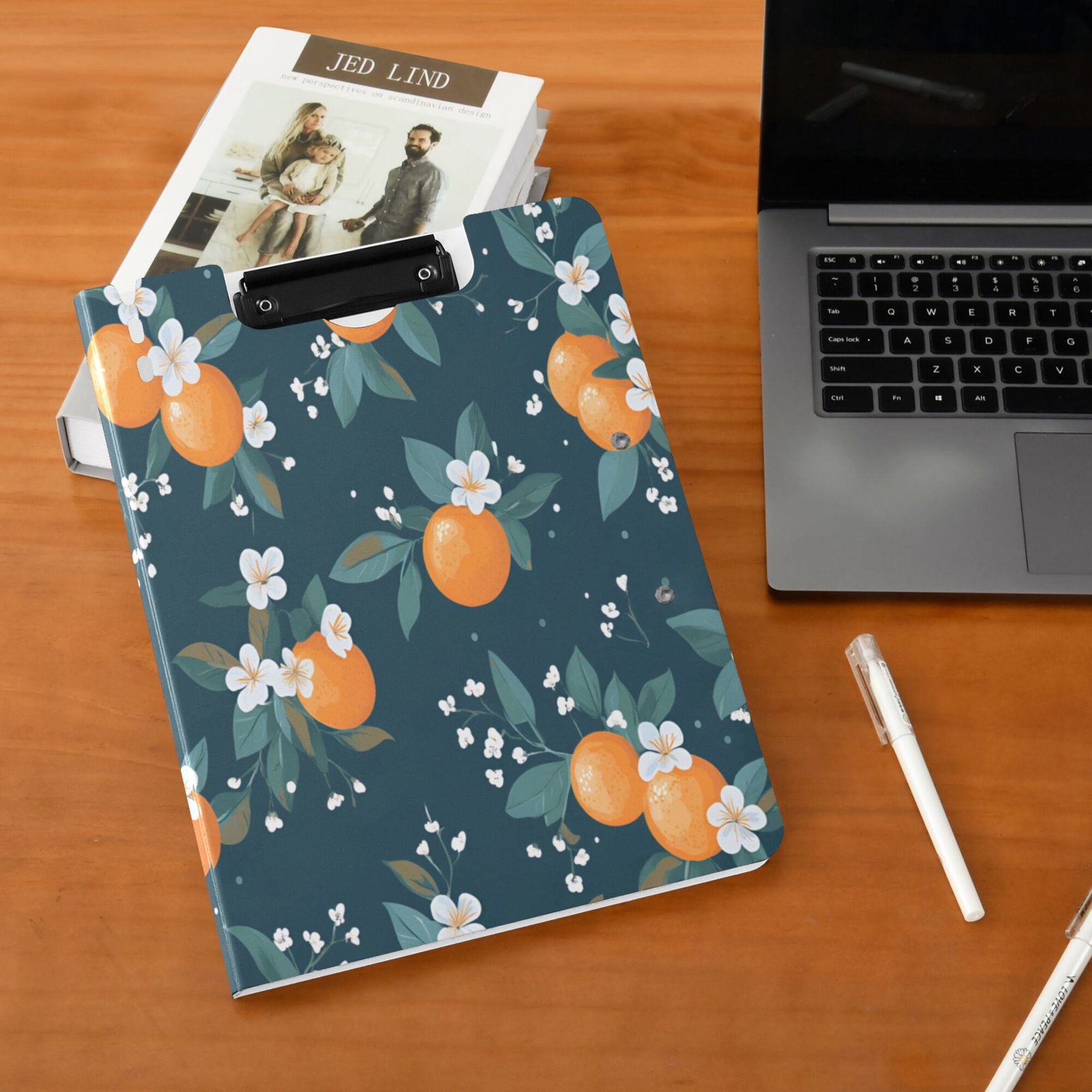 FORMRS A4 Clipboard Folder with Pen Holder Horizontal Foldable School Office Binder, Blue Oranges