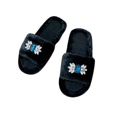 

Lacyhop Women s Winter Warm Non-slip Fluffy Slides Cozy Casual Fuzzy Slippers Breathable Slip On Plush Slipper Black 7.5