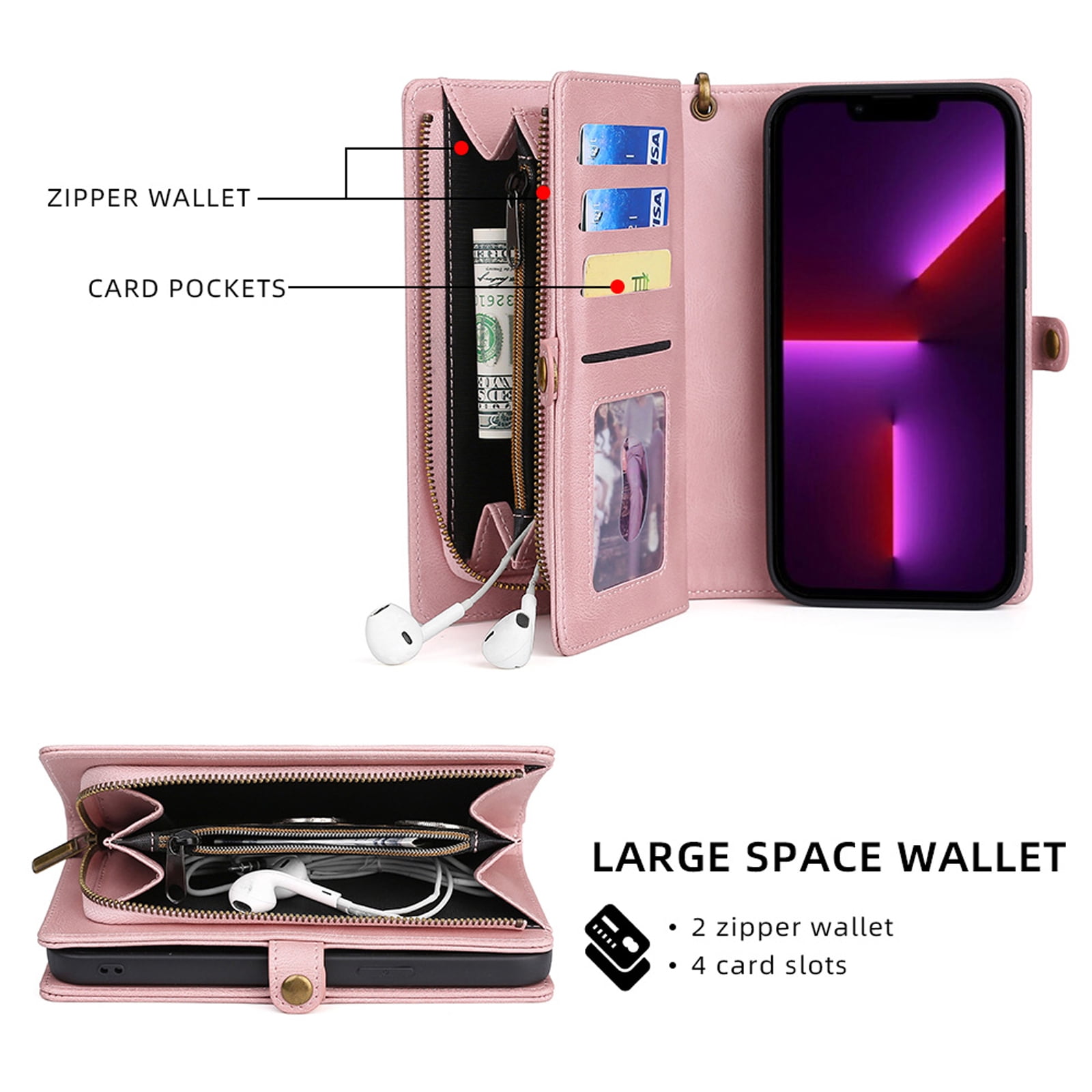 for iPhone 16e Wallet Case, Durable PU Leather 2-in-1 Detachable Magnetic Flip Phone Case for iPhone 16e Case Wallet with Card Holder Slots Zipper Pouch for Women Men, Pink