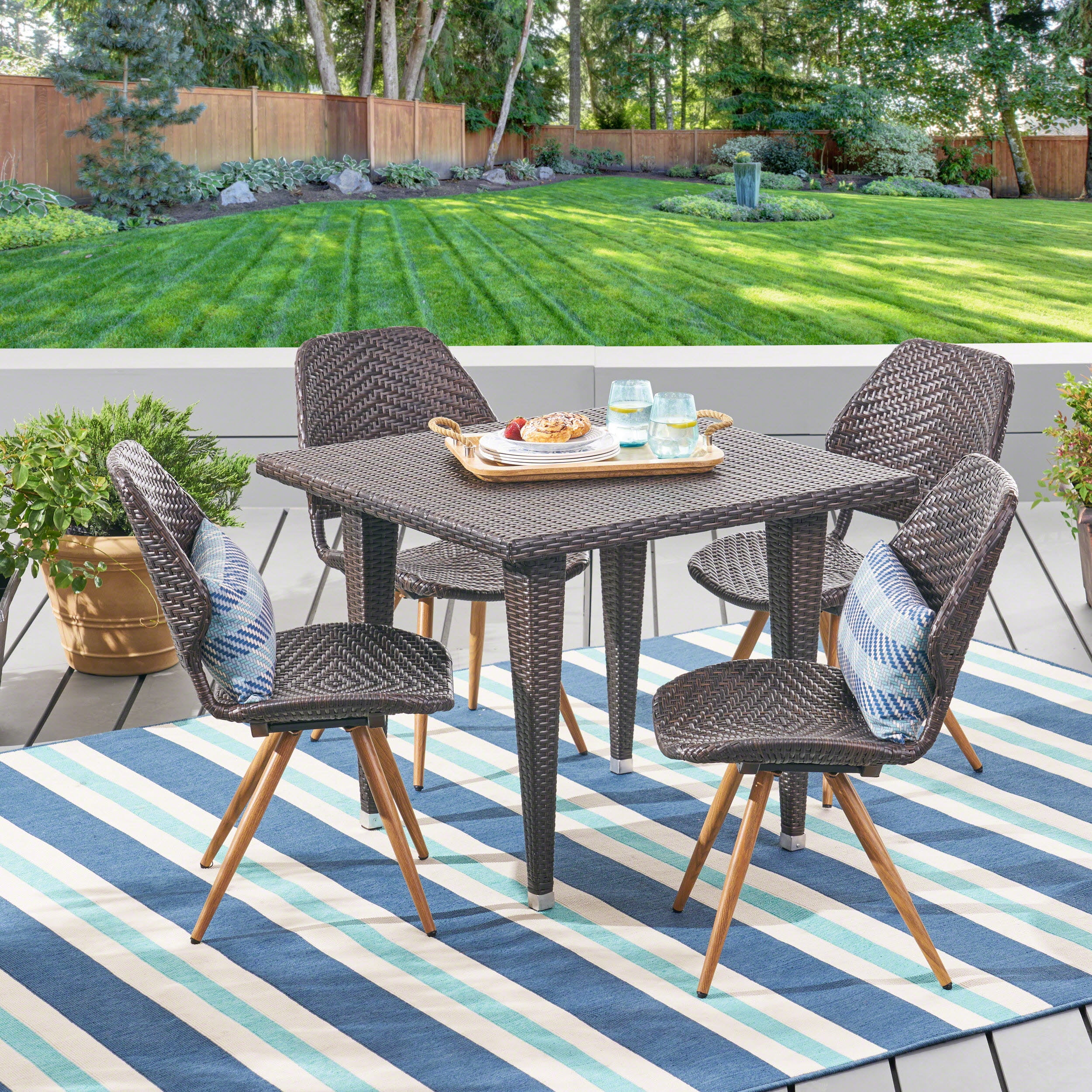 Alessia Outdoor 5 Piece Wicker Dining Set, Multibrown, Light Brown ...