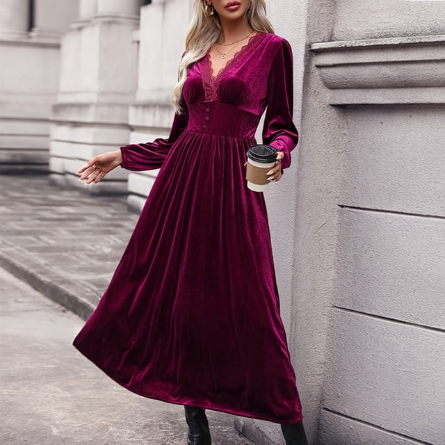 FcBaudy Robe à Manches Longues Col en V, Robes d'Été pour Femmes, Robes Femmes Couleur Unie Robe en Velours Manches Longues Robe Femmes