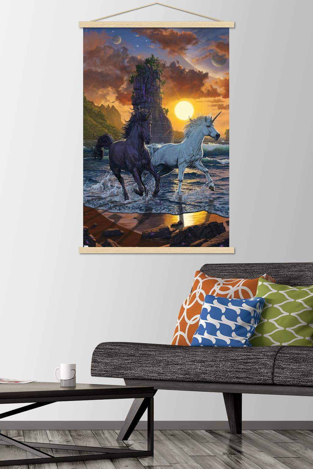 Vincent Hie - Unicorns On A Beach Wall Poster with Wooden Magnetic Frame, 22.375" x 34"