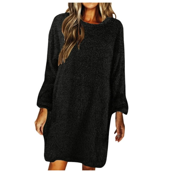 Winter Fall Dresses for Women Wedding Guest Long Sleeve Solid ColorRound Neck Loose Plush Sweater Dress