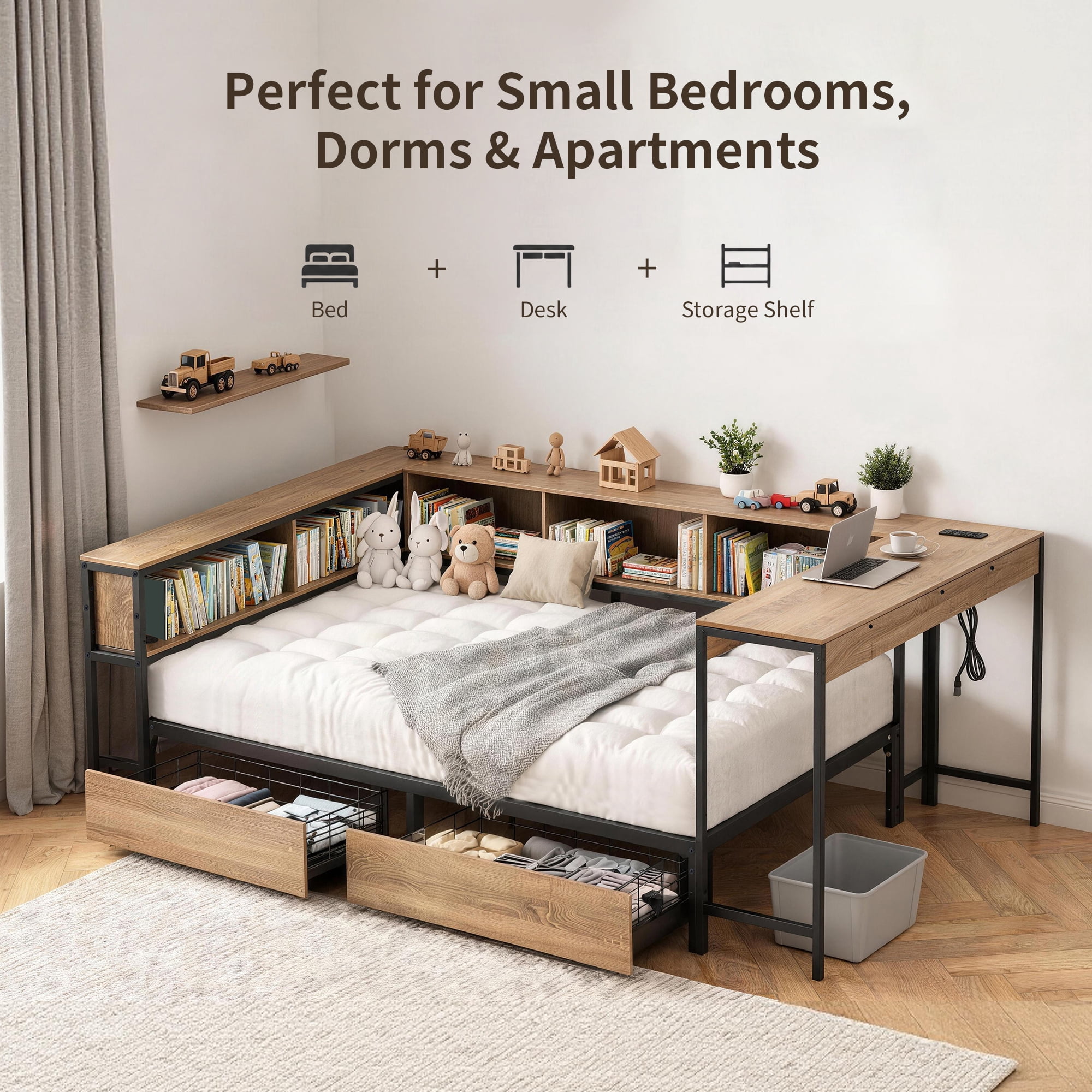 Miniyam Twin Corner Bed Frame with Desk and Storage, Bookcase Headboard, 2 Drawers, LED Lights, Charging Station, Rustic Brown