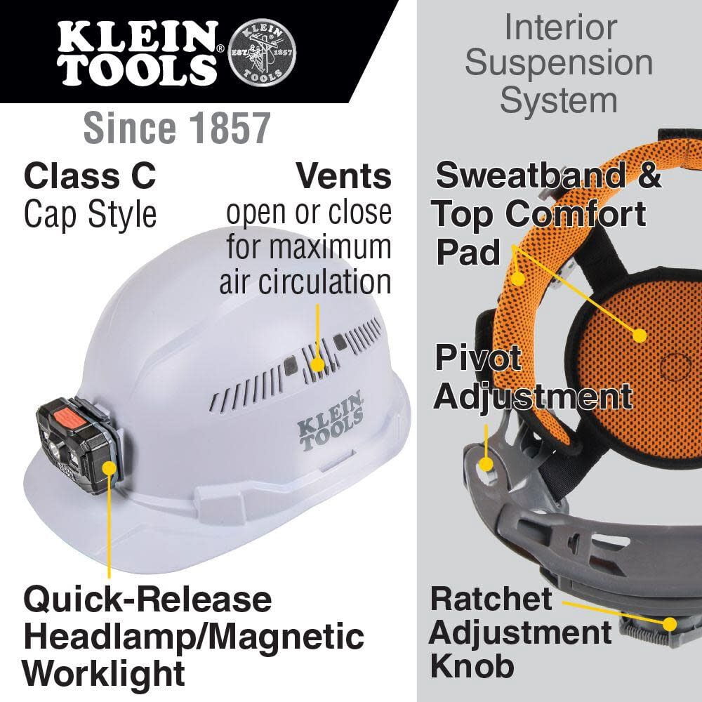 Klein Tools 60113RL Vented Cap-Style Hard Hat with Rechargeable Headlamp - White