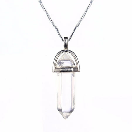 Quartz Stone Crystal Pendant Natural Stone Gem Chain Jewelry Fashion Necklace (Clear)