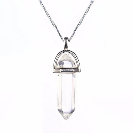 Quartz Stone Crystal Pendant Natural Stone Gem Chain Jewelry Fashion Necklace (Clear)