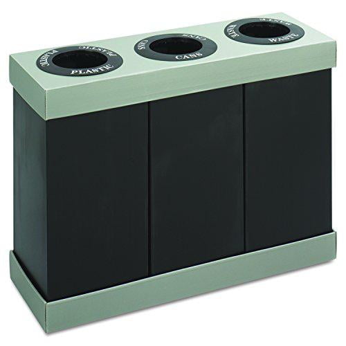 safco products at-your-disposal triple recycling center , black, impact and water resistant, three 28 gallon bins
